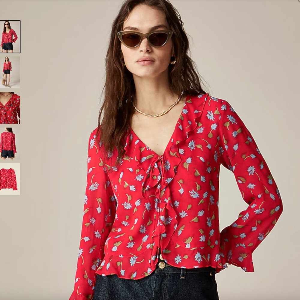 J. Crew Ruffle tie-front top in chiffon (NWT)